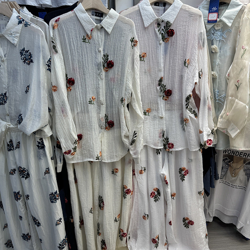 YZJ001  Spring Cotton Linen Embroidered Flower Shirt & Pants Set