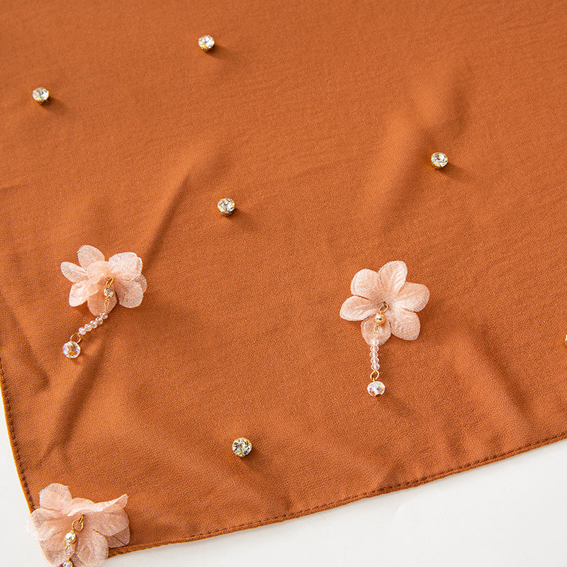 W-0900 90*90 plain pearl chiffon Flower dimond kerchief hijab scarf