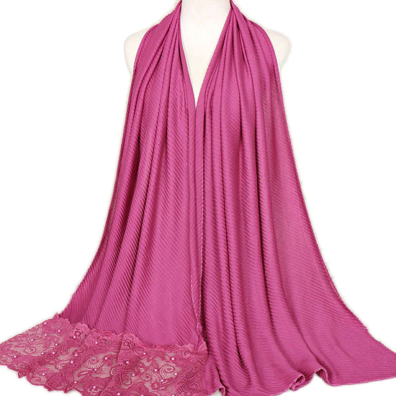 VS043 plain pleated Lace splicing nailing pearls hijab scarf