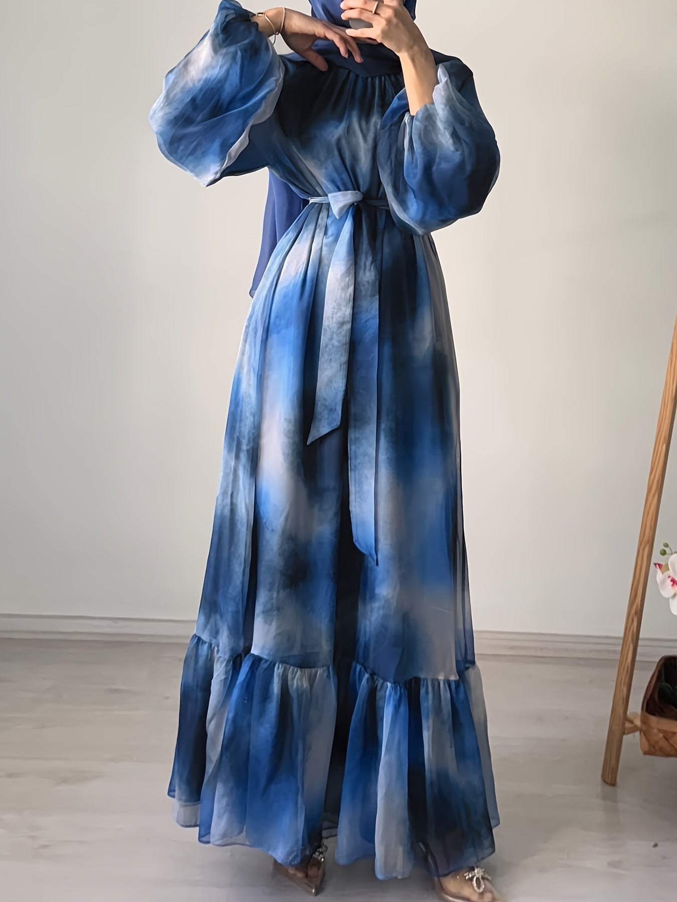 M4059 Fashion Chiffon Round Neck Tie-Dye with Belt Elegant Dress