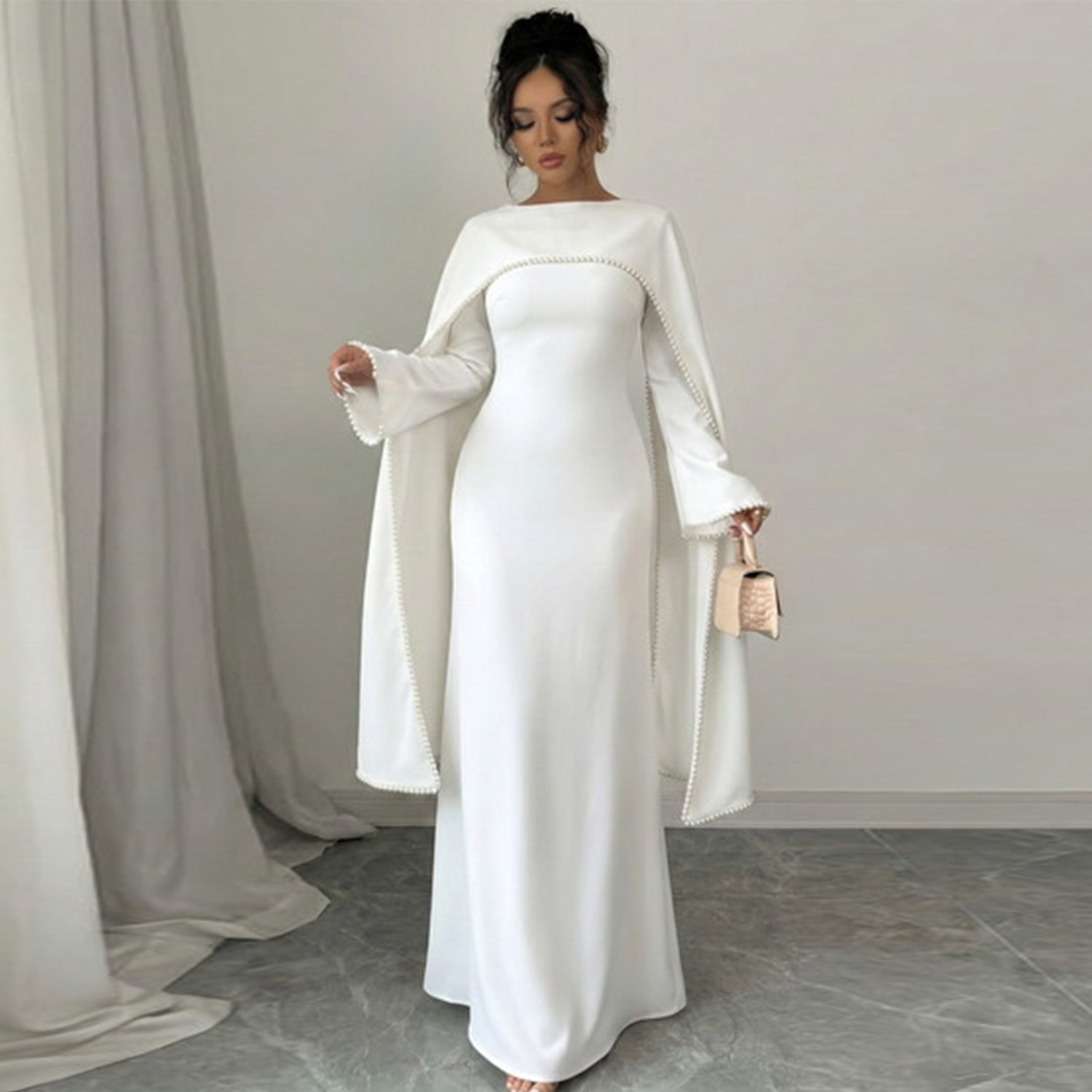 LR1167  Plain Scuba Beaded Shawl + Long Sleeve Dress Set