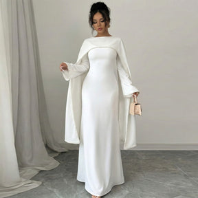 LR1167  Plain Scuba Beaded Shawl + Long Sleeve Dress Set