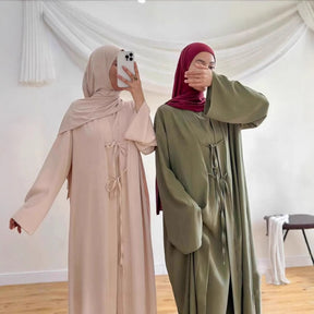 K113  Satin Tie-Front Open Abaya + Inner Dress Set - No Hijab