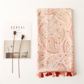 SL2202-009  Women's Ethnic Cotton Linen Feel Scarf with Wheat Ears Tassels