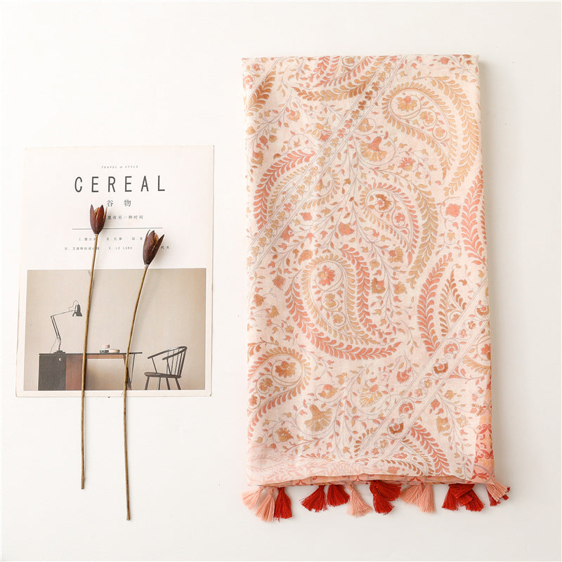 SL2202-009  Women's Ethnic Cotton Linen Feel Scarf with Wheat Ears Tassels