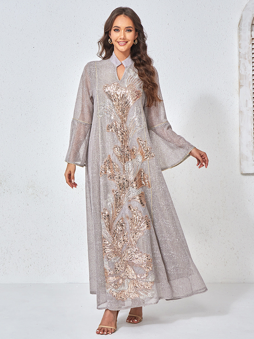 MT557  Stand Collar Sequin Beaded Embroidered Luxury Dress