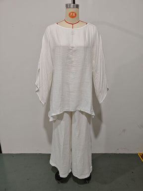 GS-30910  Women Simple Loose Linen Blend Shirt Wide Leg Pants Set