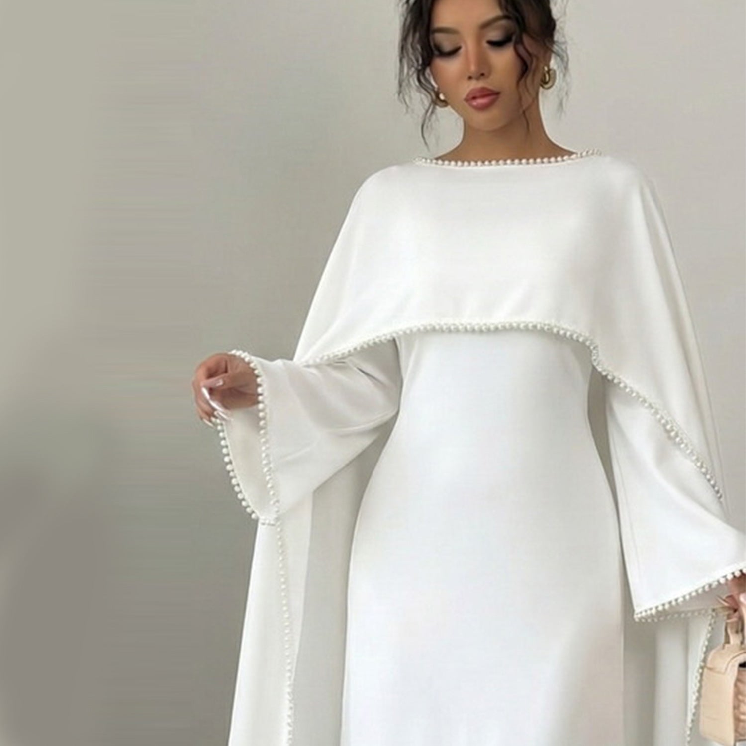 LR1167  Plain Scuba Beaded Shawl + Long Sleeve Dress Set