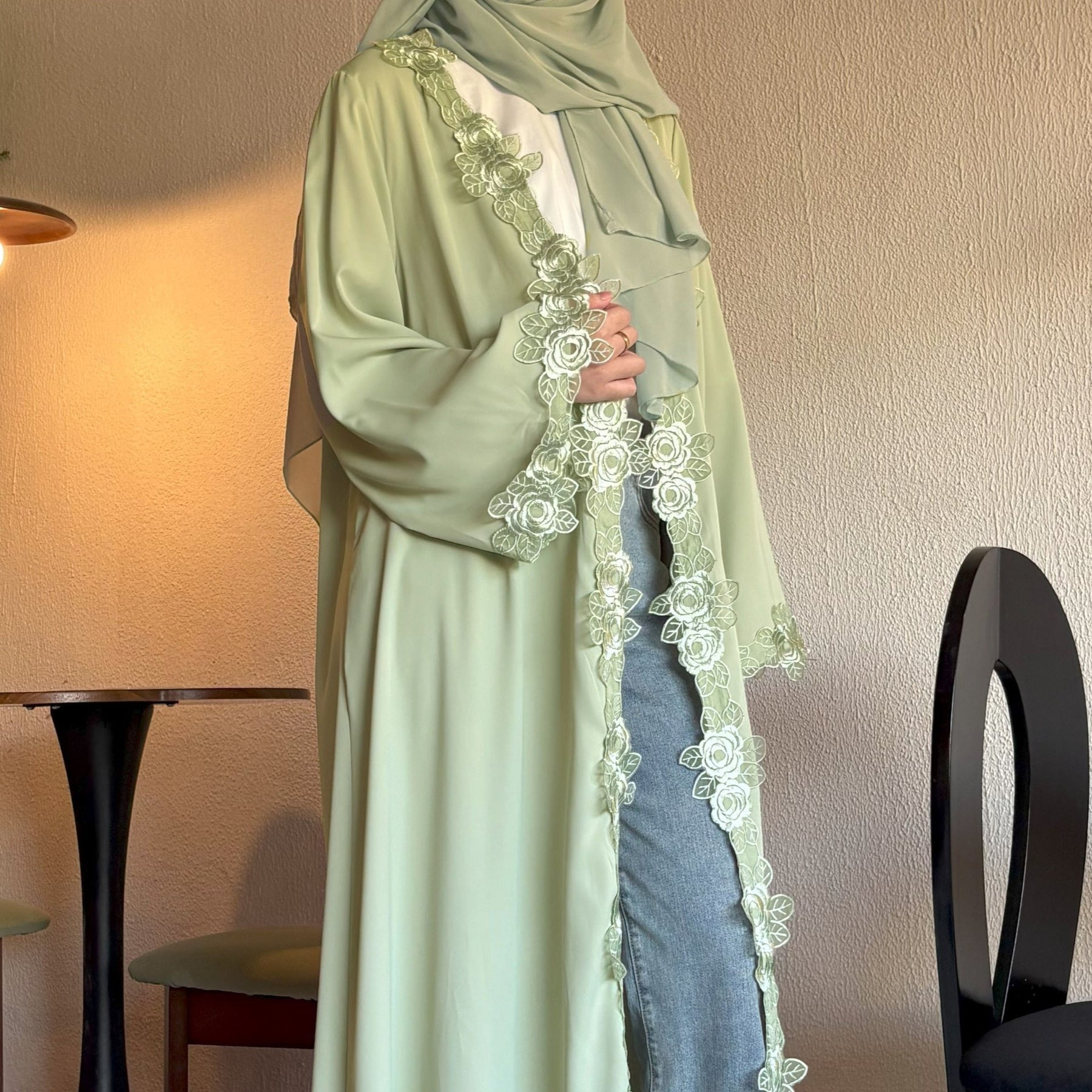 HBWT  Plain Lace Polyester Cardigan + Hijab Set