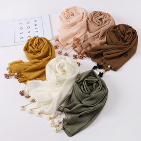 TJ025 plain pearl chiffon Accessory tassel hijab scarf