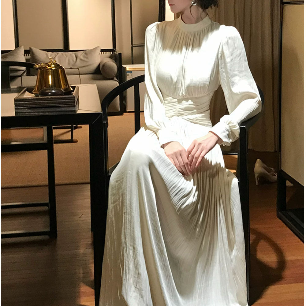 XMY01  Half Turtleneck Pleated Crossover Slimming Polyester Dress
