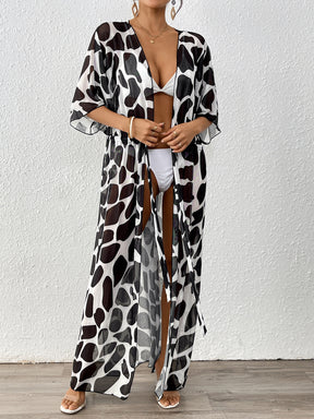 A12267  Batwing Sleeve Tie Waist Leopard Print Mesh Beach Bikini Cover Up