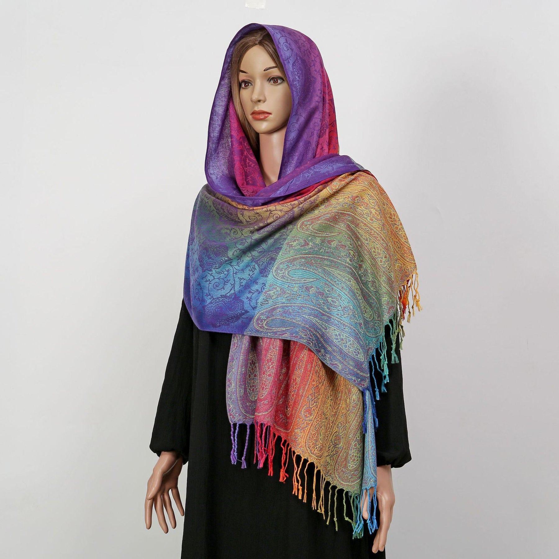 YF0438  Colorful Jacquard Soft Polyester Tassel Long Scarf