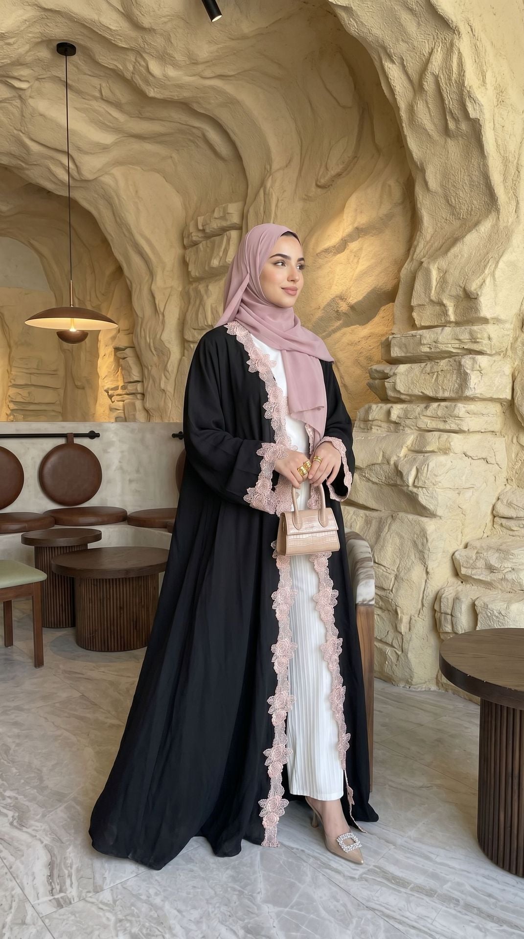 HBWT  Plain Lace Polyester Cardigan + Hijab Set