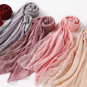 TJ078 plain pearl chiffon lace edge hijab scarf