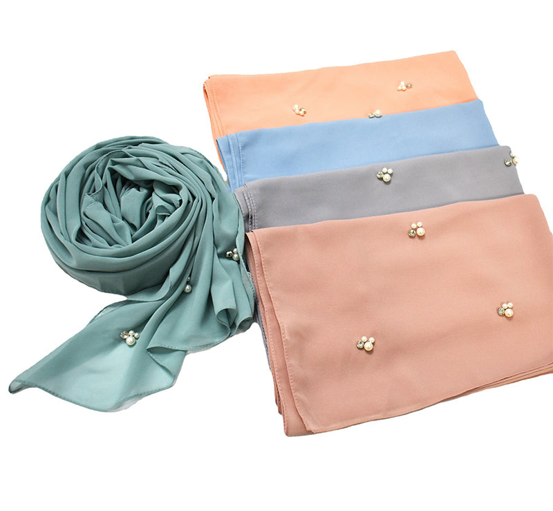 W-0053 plain Nailed pearl rhinestones chiffon hijab scarf