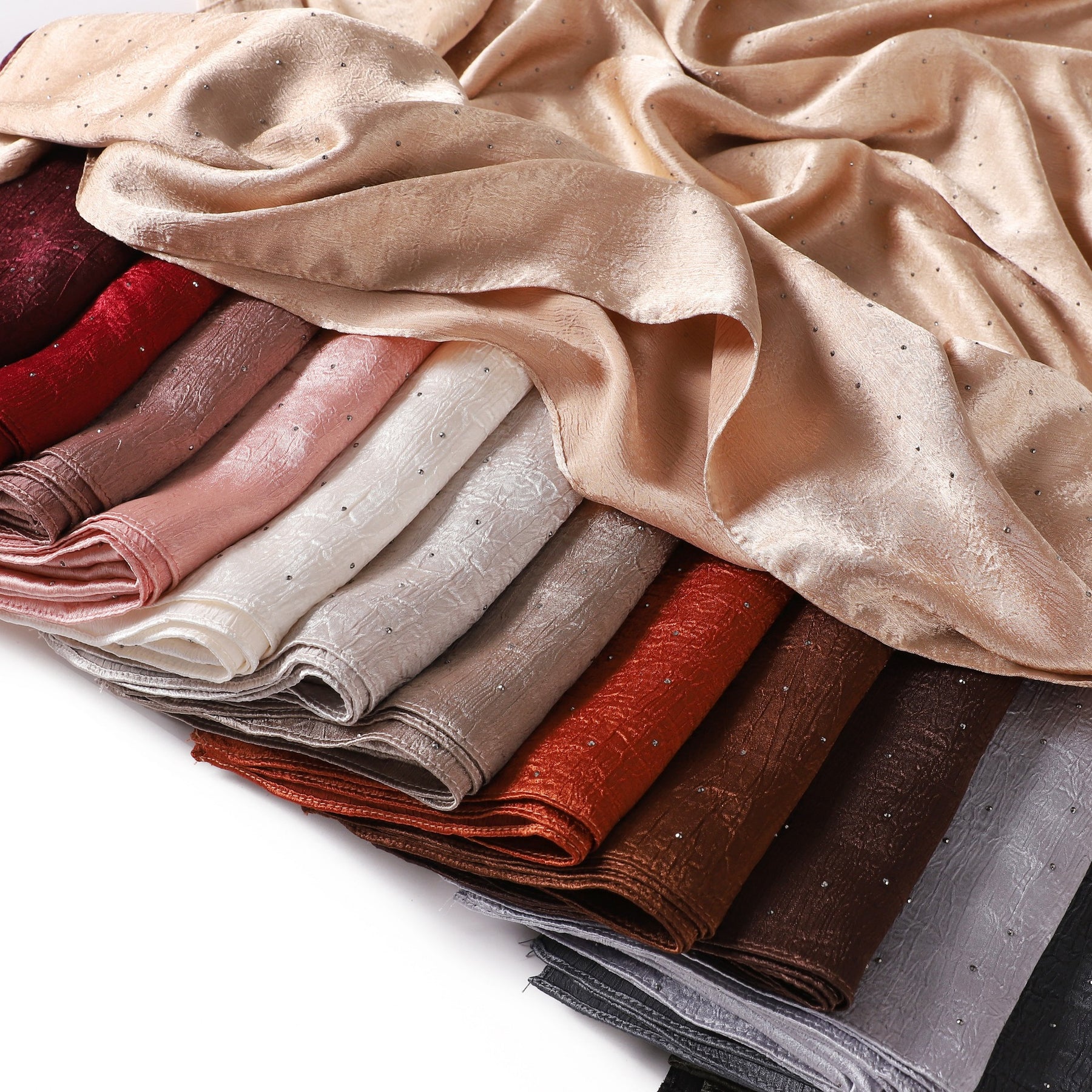 YZ325  Plain Hotfix Rhinestone Crinkled Satin Hijab