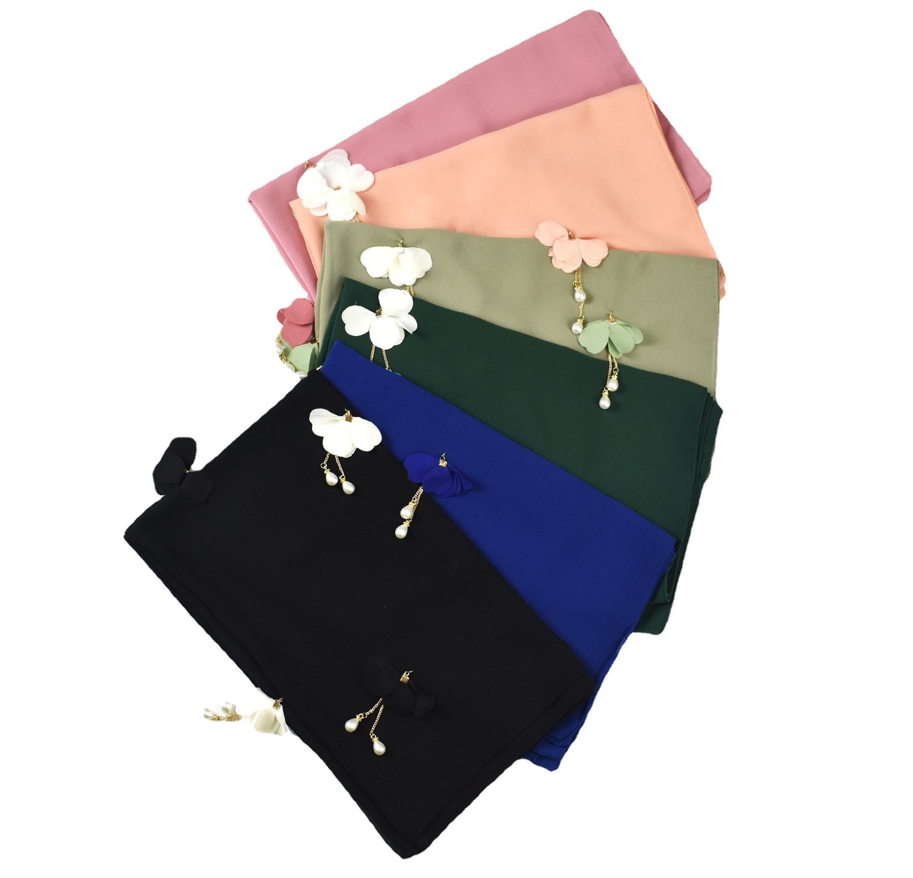 W-0047 plain pearl chiffon Flower and pearl decoration hijab scarf