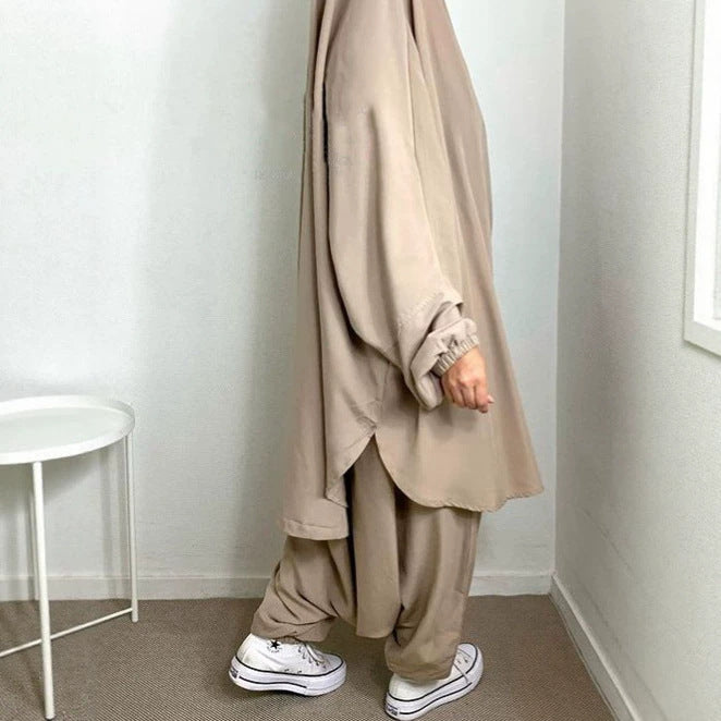 P103  Plain 2-Piece Loose Long Sleeve Top Hijab and Tied Pants Set