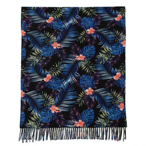 FH24-5763 Blue and black leaf print tassel scarf