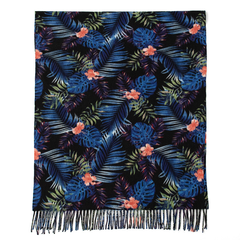 FH24-5763 Blue and black leaf print tassel scarf