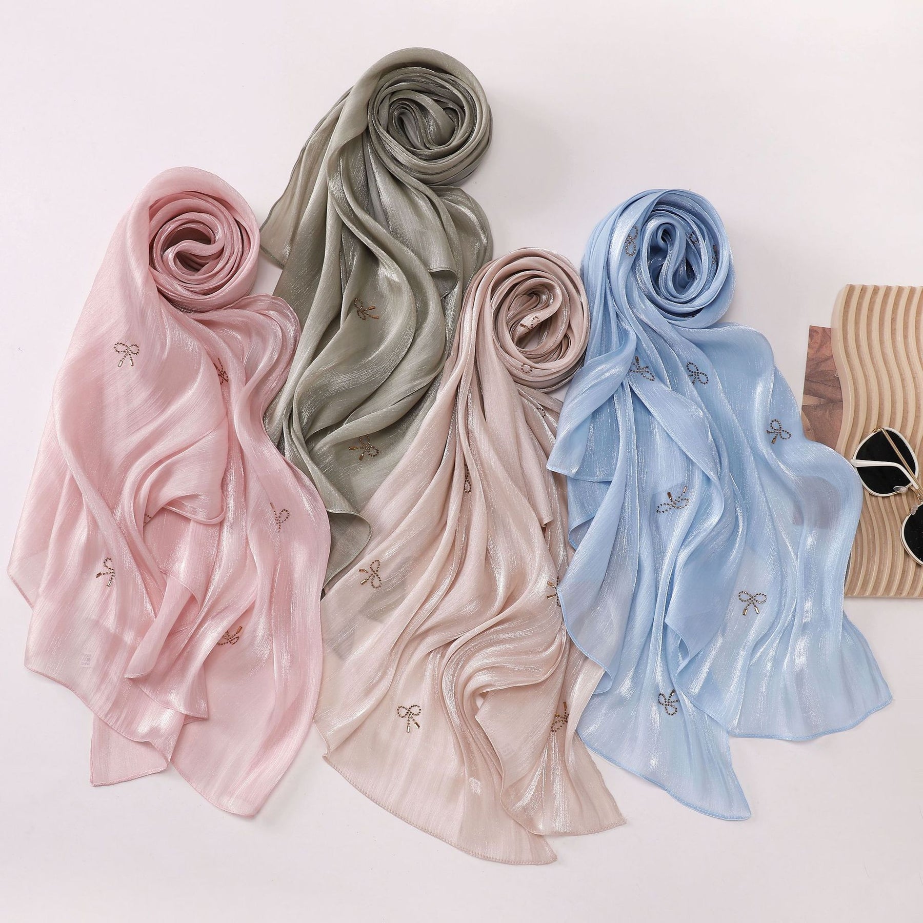 W-0625  Sea Island Silk Bright Silk Hijab with Rhinestone Bow