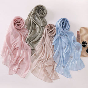 W-0625  Sea Island Silk Bright Silk Hijab with Rhinestone Bow