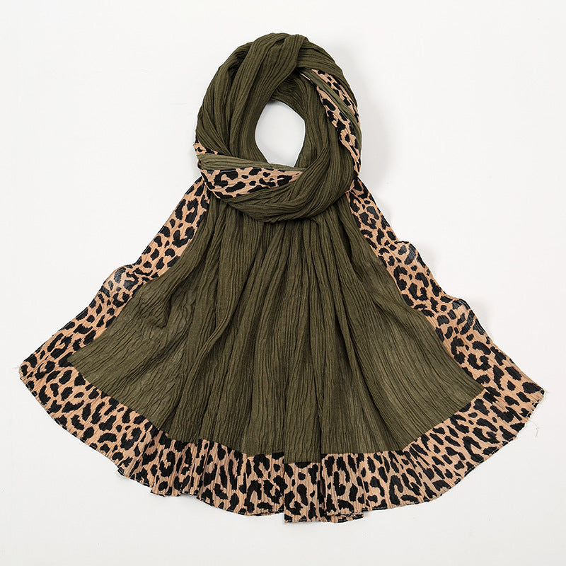 VS773 Hot sale new style leopard wrinkle polyester long scarf solid color headscarf