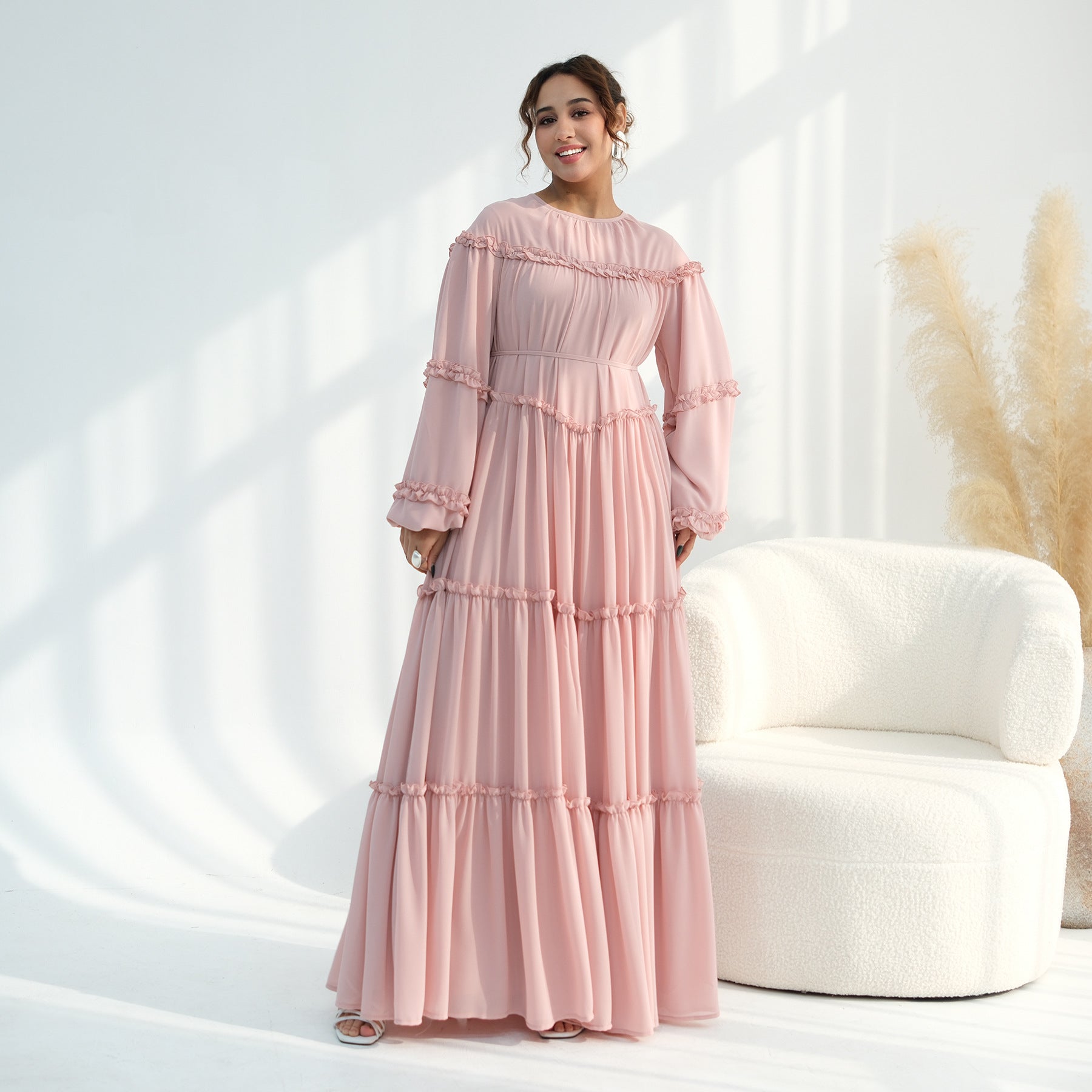 LR1161  Long Sleeve Tiered Ruffle Double Layer Dress
