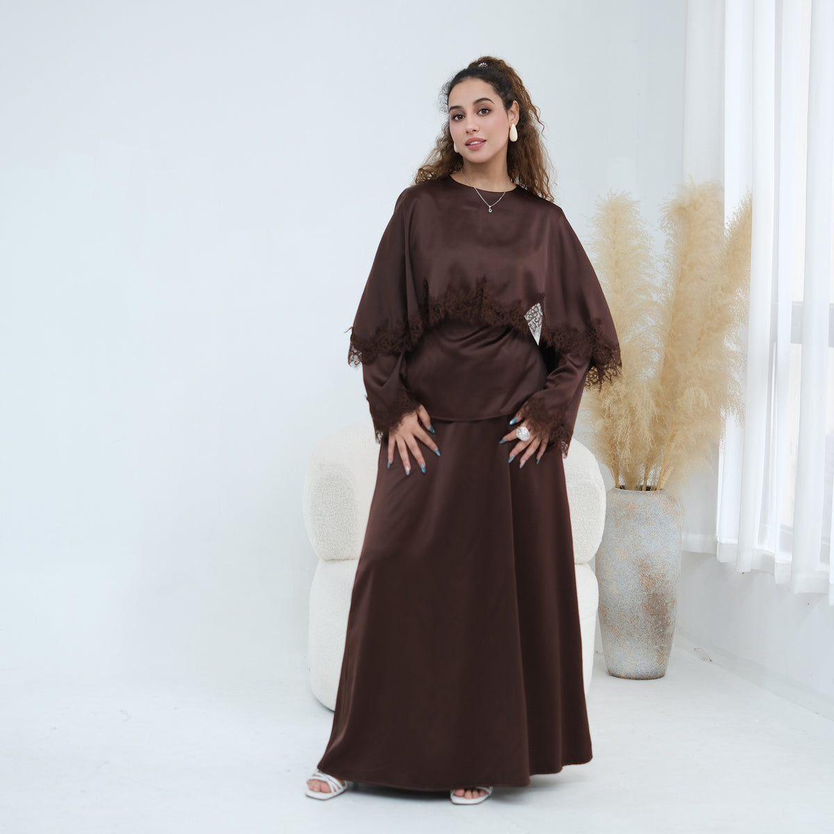 LR1178  Lace-Trim Polyester Top with Shawl & Skirt Set - Sold Separately