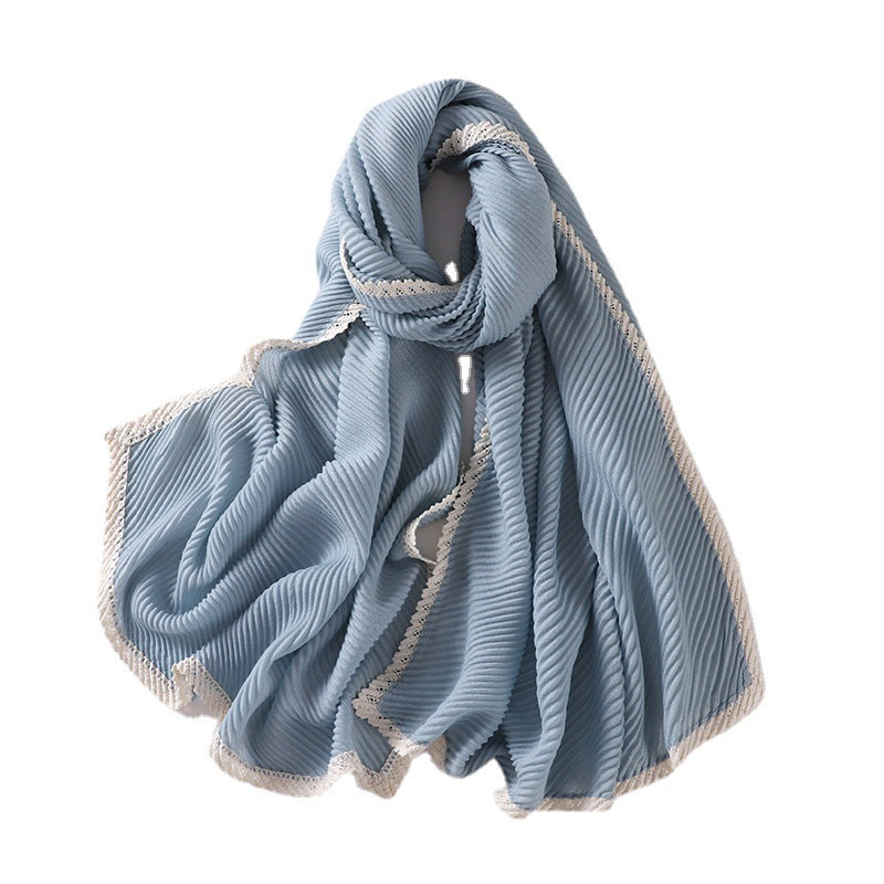 MSL259 plain pleated lace edge hijab scarf