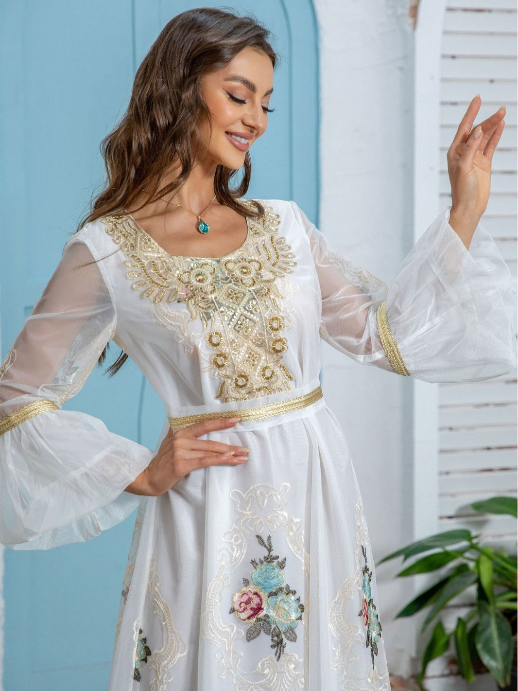 ZD020   Middle East new women's Muslim robe Dubai temperament evening dress applique embroidery mesh dress Polyester