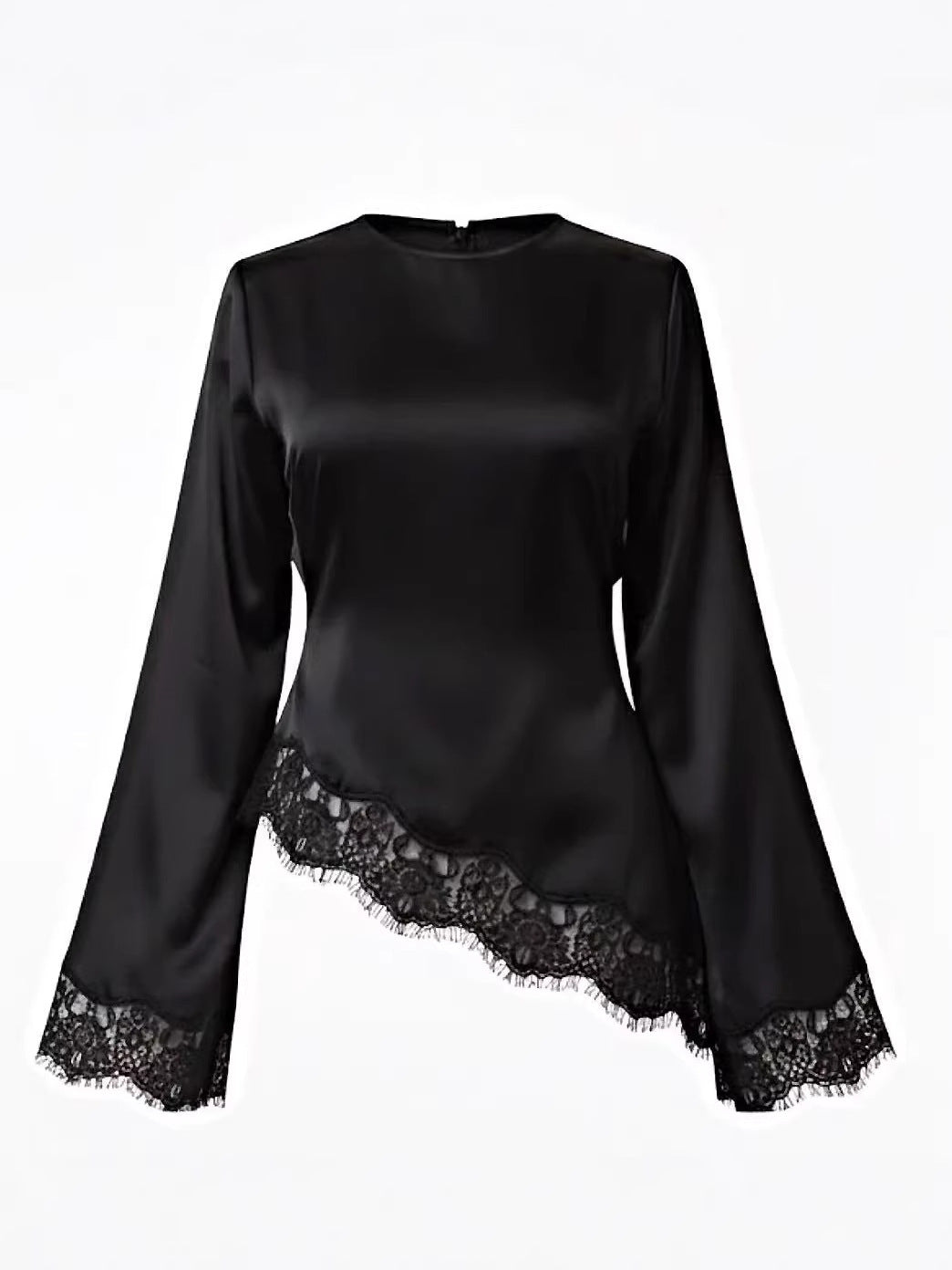 B3788  Round Neck Plain Long Sleeve Irregular Hem Lace Trim Base Layer Top