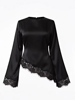 B3788  Round Neck Plain Long Sleeve Irregular Hem Lace Trim Base Layer Top