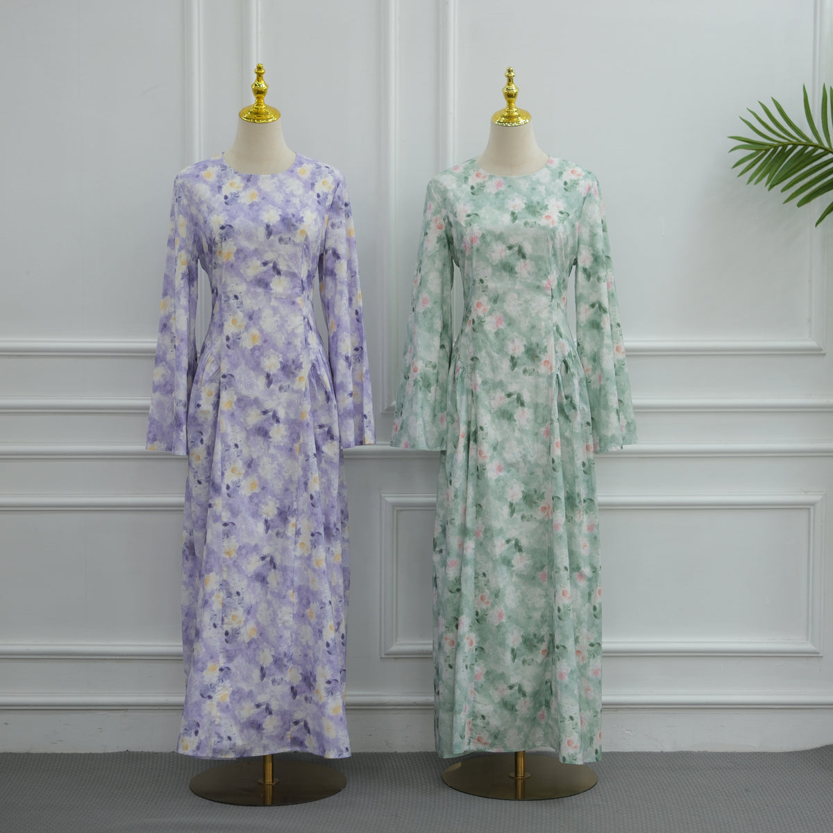 LR1373  Elegant Floral Center Print Double-Layer Polyester Tie Waist Dress