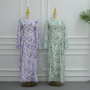 LR1373  Elegant Floral Center Print Double-Layer Polyester Tie Waist Dress