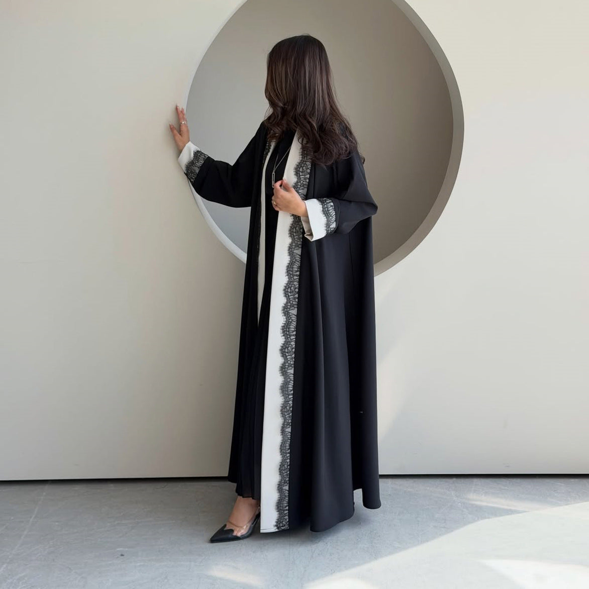 MQ266  Black Polyester Lace Patchwork Abaya
