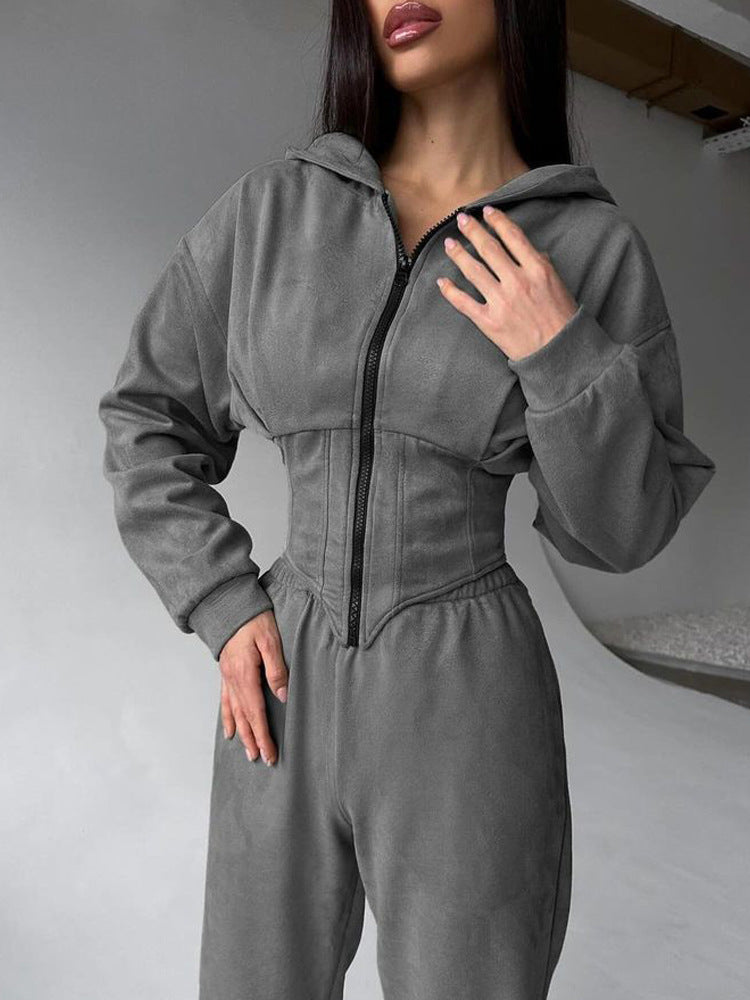 C56105  Autumn Winter Women Plain Drawstring Hooded Sweatsuit Abaya 2-Piece Set