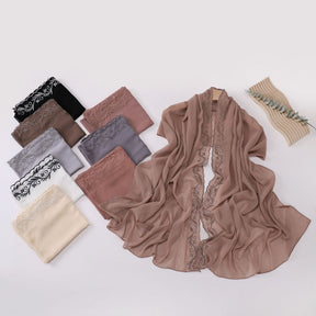 W-0512  Pearl Chiffon Long Hijab with One Side Embroidery