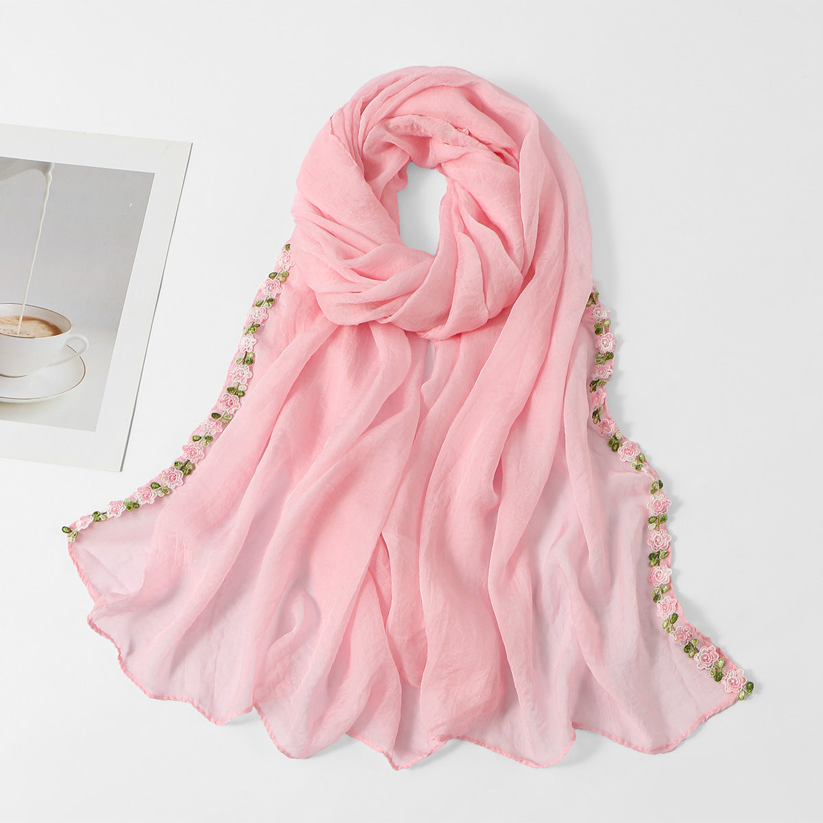 SW141  Plain Chiffon Rose Embroidered Hijab