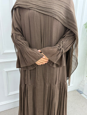 LR1139  Pleated cardigan with lining + hijab 2-piece set