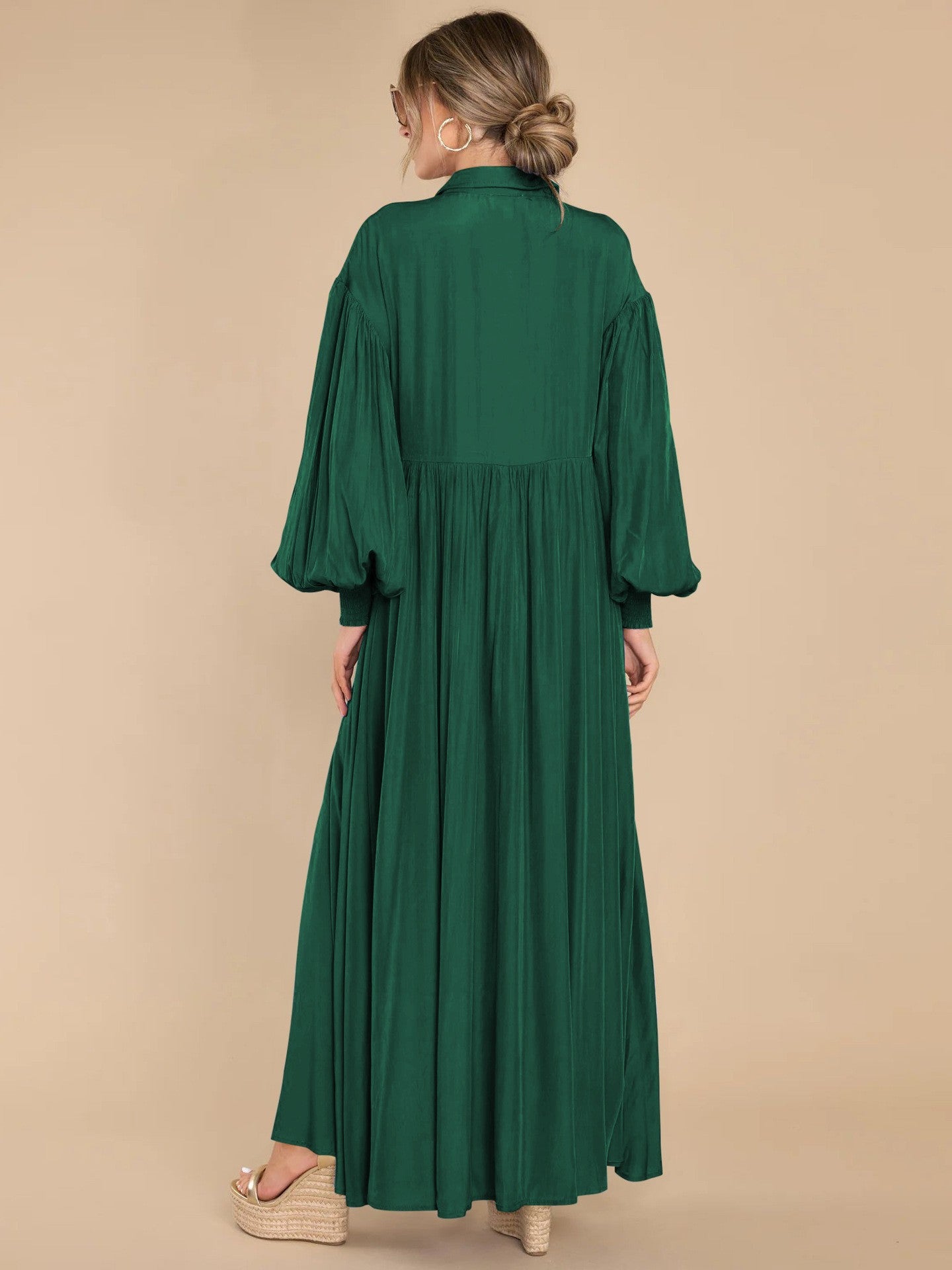 7826  Women's Casual Plain Button Lapel Pleated Long Sleeve Maxi Dress