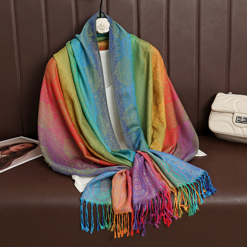 T318-01  Paisley Embroidered Ombre Tassel Polyester Cotton Scarf