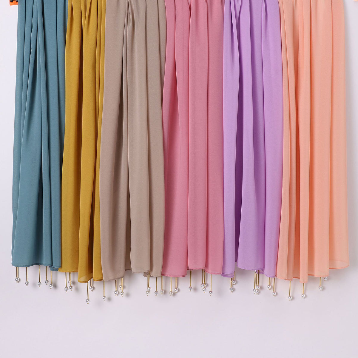 W-0119 plain chiffon Copper tube pearl tassel hijab scarf