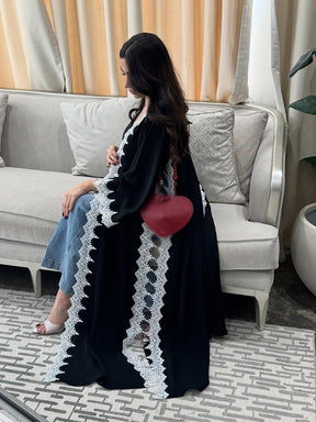 HY229 Black White Lace-Trimmed Polyester Open Abaya