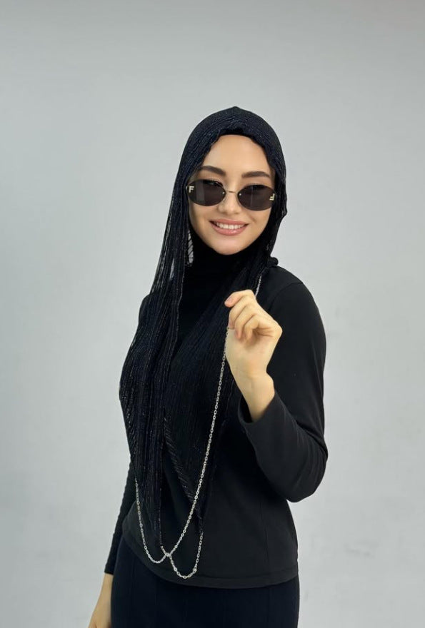 983893580426 Lightweight Breathable Striped Jersey Hijab with Chain Decoration