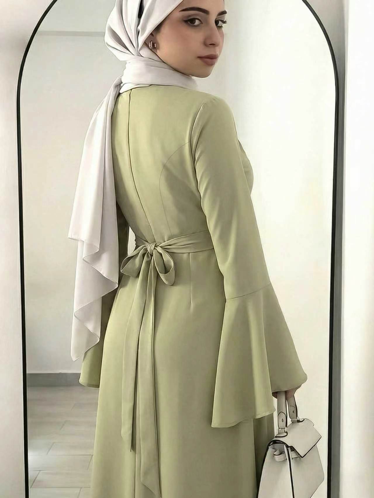 236663  Plain Bell Sleeve Slim-Waist Polyester Dress-Only Dress