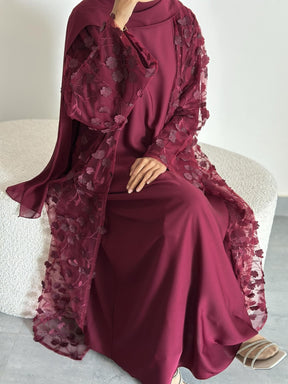 LR1189  3D Floral Open Abaya + Nida Inner Layer + Hijab Set