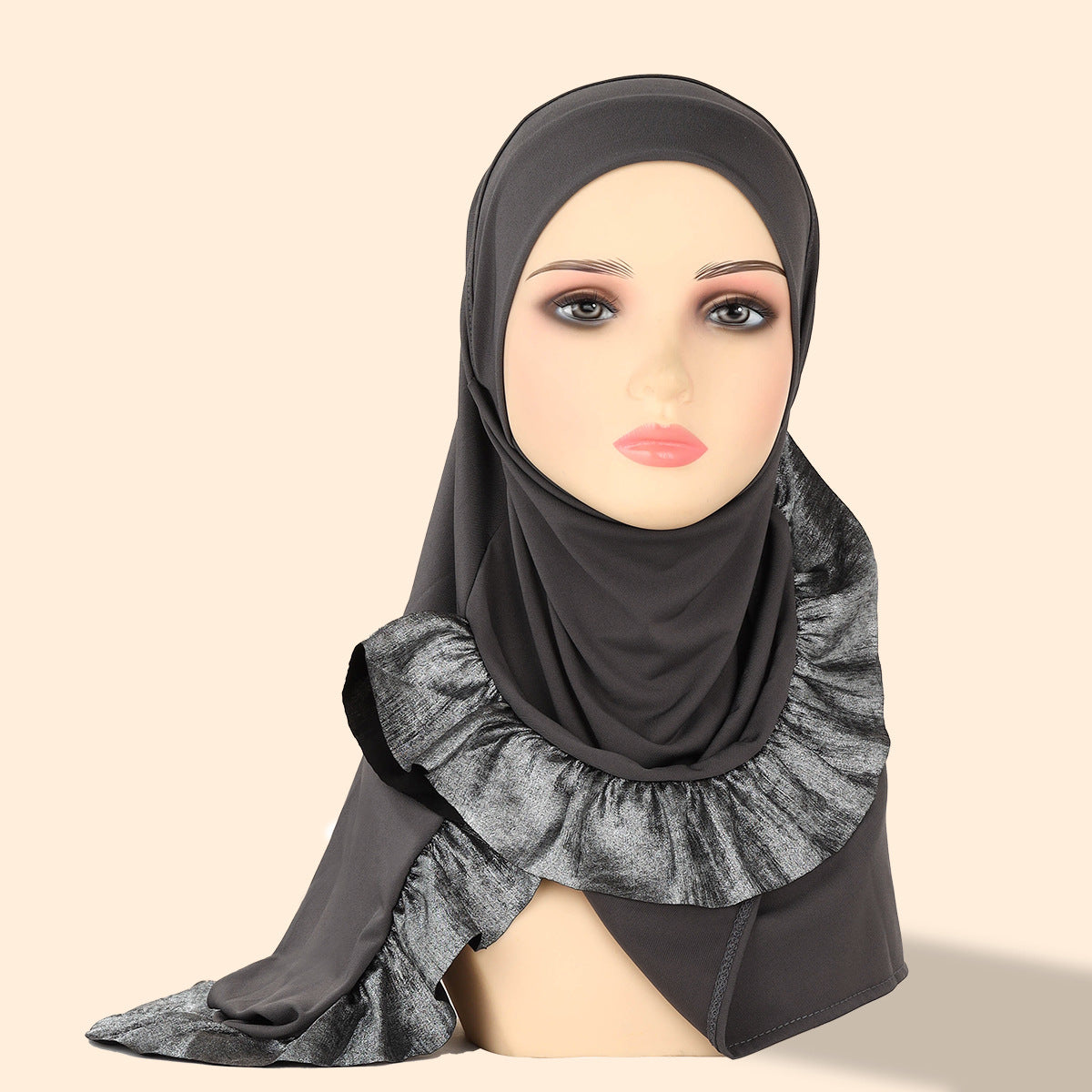 TD68-062  Plain Crystal Linen One-Piece Hijab, Silver Foil Ruffles