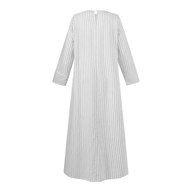 2020915  Women's Retro Stripe Cotton Linen A-Line Dress for Autumn